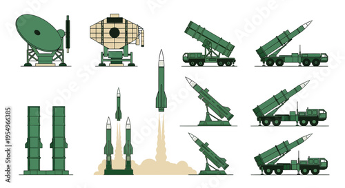 Military Missile Defense System and Radar Equipment Vector Illustration Set