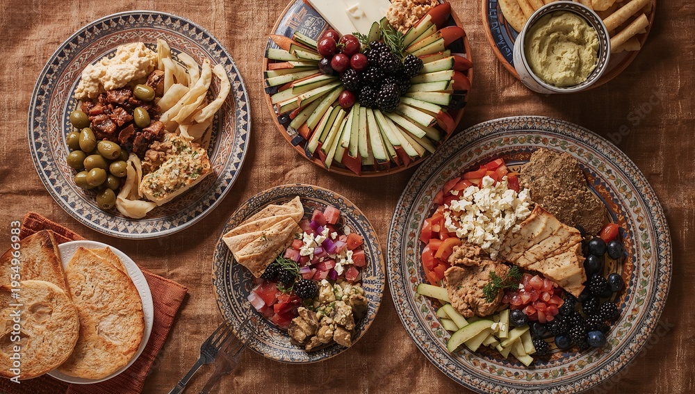 Fototapeta premium Displaying patterned plates on dining table, holding hummus, pita, cucumber sticks, grilled chicken