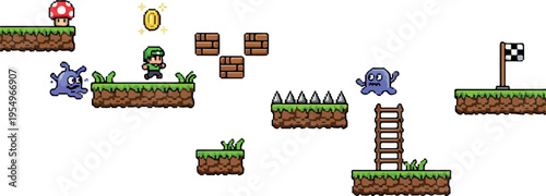 Retro pixelated video game level design featuring obstacles, enemies, and a finish line