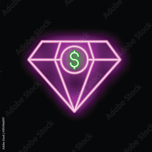Glowing neon sign of a pink diamond with a green dollar sign in the center, symbolizing wealth and prosperity