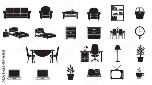 modern home and office furniture collection flat design vector illustration