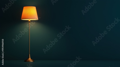 A floor lamp with a yellow shade illuminates a dark room.