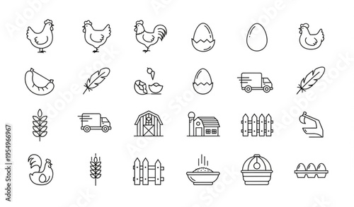 Poultry farm line icons set with chicken egg sausage truck and forage editable vector collection