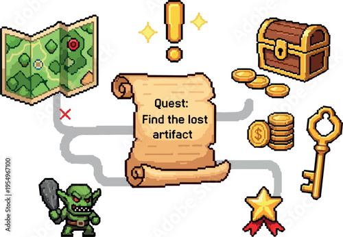 Pixel art quest elements including a map, goblin, treasure chest, coins, key, scroll, and star reward, perfect for game design and adventure themes
