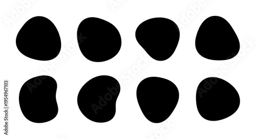 A collection of eight unique black organic fluid shapes with rounded corners and smooth curves