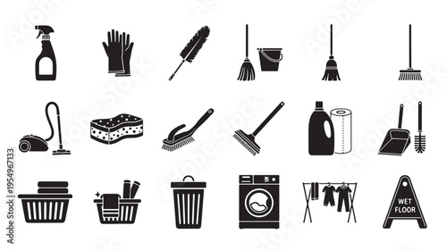 Comprehensive collection of cleaning tools and supplies for household maintenance