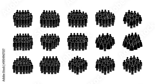 Set of black icons representing large groups of people arranged in various dense crowd formations