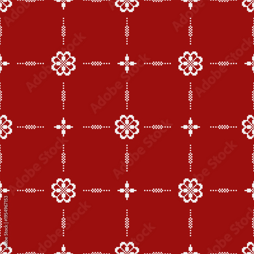 Red and white pixel pattern with floral medallion nodes connected by dotted lines forming a structured grid. Balanced intersections and spacing create a seamless textile and surface design.