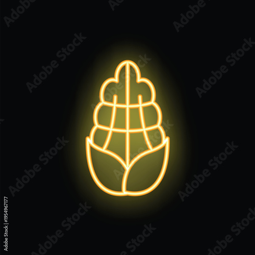 Bright yellow neon sign of corncob shining on dark background