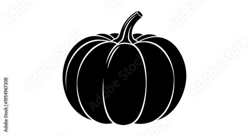 A detailed black silhouette graphic of a round pumpkin with a prominent stem and ribbed texture