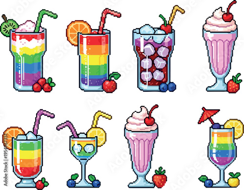 A vibrant pixel art collection of colorful rainbow cocktails and refreshing drinks with various garnishes, perfect for summer celebrations and party themes