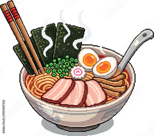 Pixel Art Ramen Bowl with Slices of Pork, Boiled Eggs, and Seaweed - A Delicious Japanese Noodle Soup Illustration