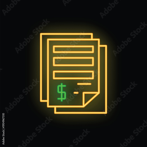 Glowing neon icon of an invoice with a dollar sign, representing online payment and digital transactions