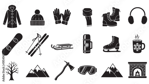 Winter sports and activities icon collection featuring essential gear and scenes