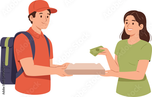 A smiling food delivery person hands a pizza box to a happy woman taking her order and paying