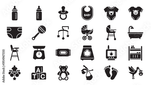 Collection of black and white baby and parenting essentials icons