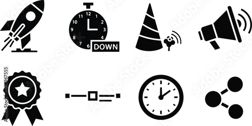 Minimalist vector icons set rocket stopwatch cone megaphone ribbon clock share symbols for coloring book simple bold outline designs for kids and adults printable single line