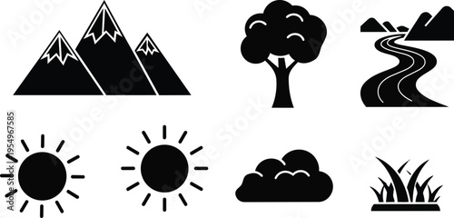 Vector art flat icons of mountains tree winding river sun cloud grass set for coloring book simple bold outlines center composition black line art isolated scalable