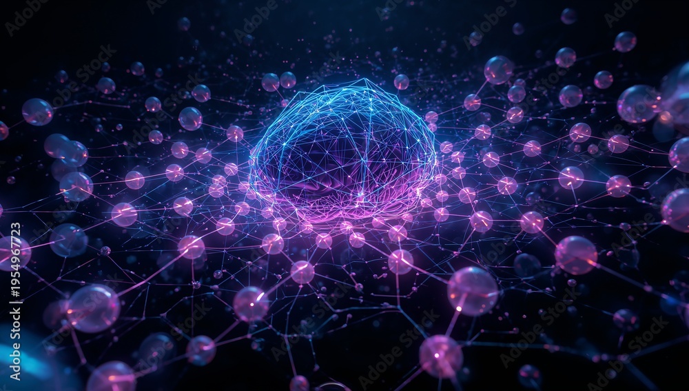 Obraz premium Pulsing central wireframe brain orb hovering over digital network, with purple nodes and filaments