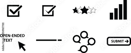 Minimalist vector outline survey icon set for coloring book with checkboxes stars rating bar chart submit cursor speech bubbles and simple stroke style isolated black white