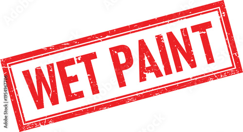 Red Distressed Wet Paint Text in Rectangular Rubber Stamp Impression, Isolated on White