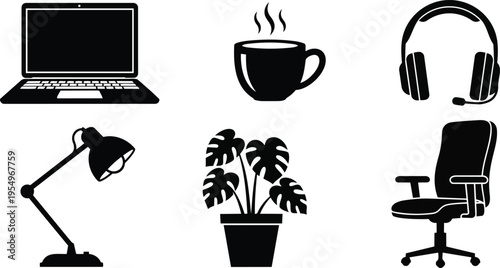 Vector art flat design office icons set for coloring book featuring laptop steaming coffee headset adjustable desk lamp potted monstera plant ergonomic swivel chair simple outlines