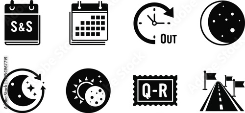 Vector calendar and moon icon set close up row of black outline icons with clock stamp road and flags for a coloring book bold simple design