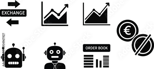 Vector art close up of robot trading icons exchange charts coins order book and rising graph black line elements simple outlines for a coloring book pages