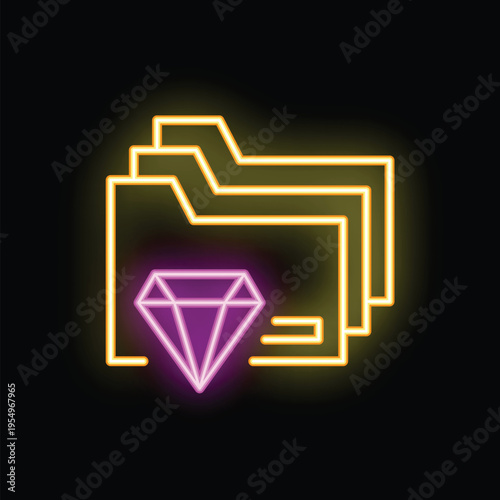 Glowing neon icon representing the concept of valuable data with folders containing a precious diamond