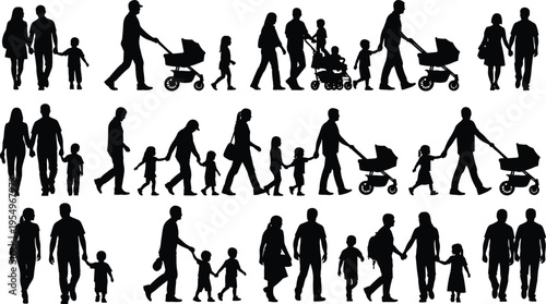 Family walking silhouette vector set featuring parents with children, baby strollers, couples holding hands, and diverse family outdoor activities collection.