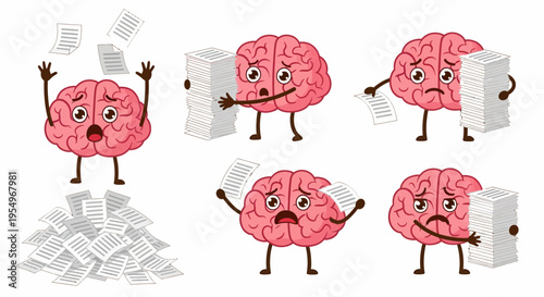 Cartoon brain character overwhelmed by a large amount of paperwork, illustrating stress, information overload, and mental burden.