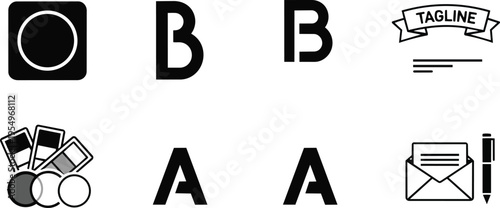 Flat line art close up alphabet letter icons badge envelope paint swatches geometric shapes arranged in grid for coloring book activity page simple instructional clean playful