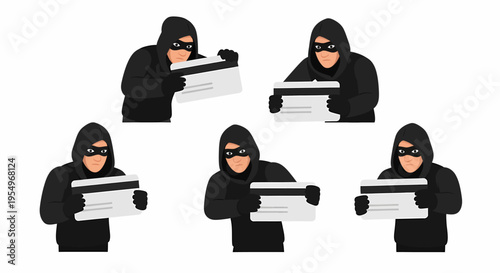 Five masked figures in black hoodies holding credit cards, symbolizing financial fraud and identity theft.
