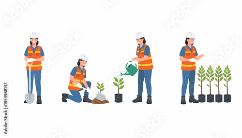 A person in safety gear planting trees, showing the process from digging to watering and preparing saplings for environmental restoration.