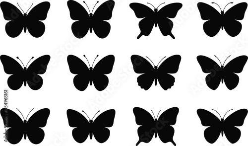 A uniform grid showcasing twelve simple black butterfly silhouettes with varied wing shapes on a crisp white background