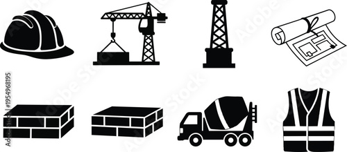 Vector art close up construction icons hard hat crane oil rig blueprint stacked bricks cement mixer truck safety vest high visibility black outlines for coloring book