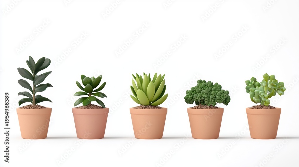 Fototapeta premium A row of five potted plants with varying leaf shapes and sizes.
