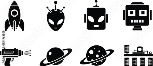 Vector icon set for coloring book minimal space characters rocket alien robot ray gun planets and space station arranged in grid flat bold line art playful