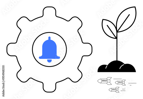 Cybersecurity, notifications, sustainable growth, settings, environmental awareness, cyber threats. A gear with a bell icon, a sprouting plant and DDoS attack symbols. Cybersecurity