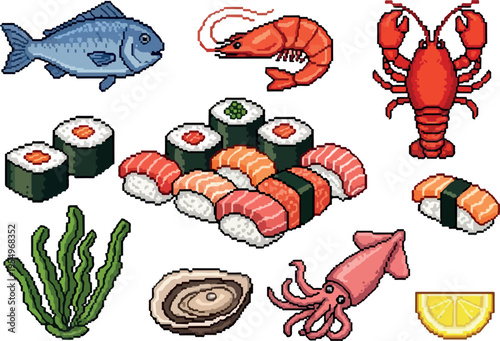 Assortment of Japanese Sushi and Seafood Icons, Featuring Fish, Shrimp, Lobster, and Squid