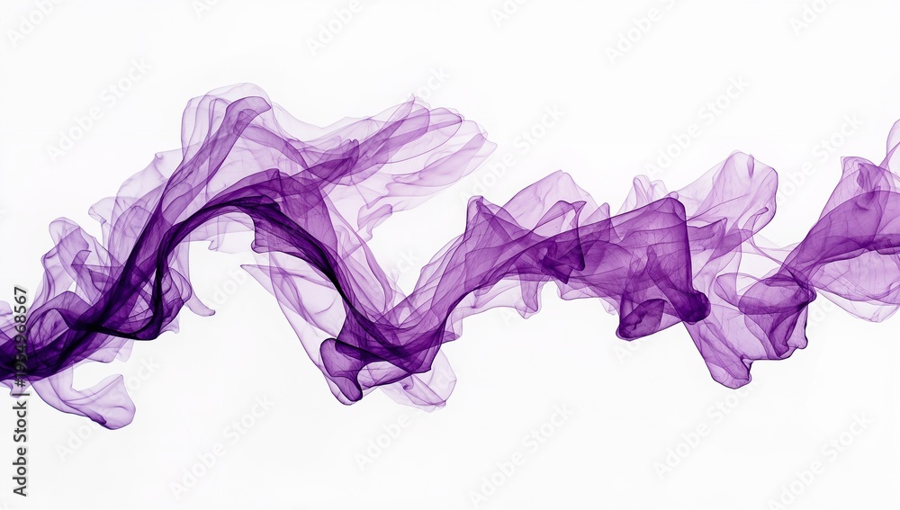 Fototapeta premium Flowing purple ribbon wisps stretching across bright white backdrop, creating layered sheer veils