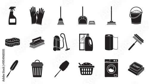 household cleaning tools and appliances flat design vector illustration