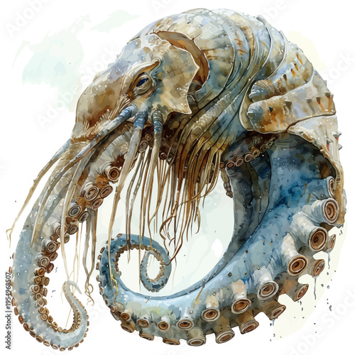 Nautilus, vector clipart in watercolor with smooth gradients, isolated on a white background.