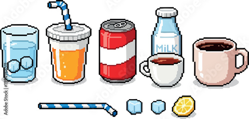 A vibrant collection of pixel art beverages and their refreshing accompaniments, including ice, lemon, and a straw