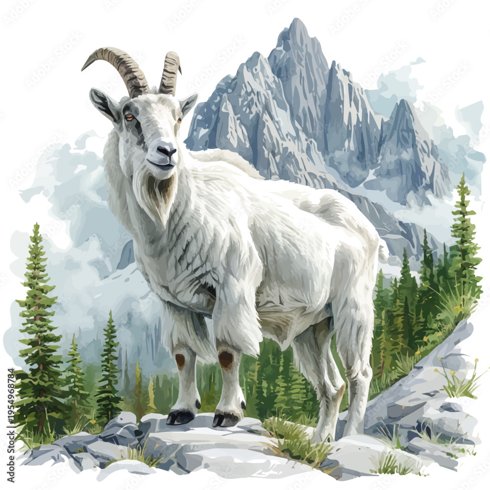 Fototapeta premium Mountain Goat, vector clipart in watercolor with smooth gradients, isolated on a white background.