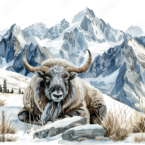 Musk Ox, clipart watercolor vector with gentle, isolated on a white background.