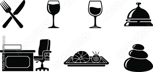 Minimalist silhouette vector art black icons for coloring book showing dining wine glass bell office desk chair spa stones tray pastries fork and knife closeup illustration