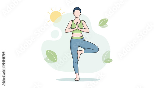 Woman in green top and blue leggings practicing yoga outdoors in a serene natural setting with leaves and sunshine