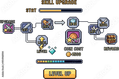 Skill upgrade tree interface for a video game, showcasing progression and rewards