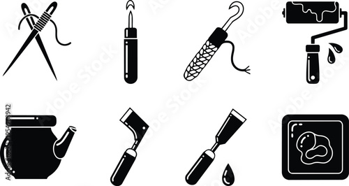 Playful flat design craft tools icons set for a coloring book featuring knitting crochet painting carving teapot and soap outline stoic close up composition simple outlines